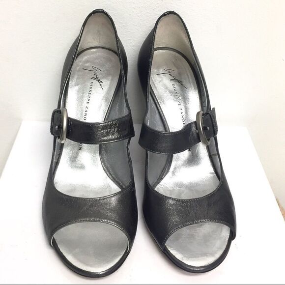 GIUSEPPE ZANOTTI Peep Toe Mary Jane Metallic Heels Silver Grey 7 - Picture 6 of 9